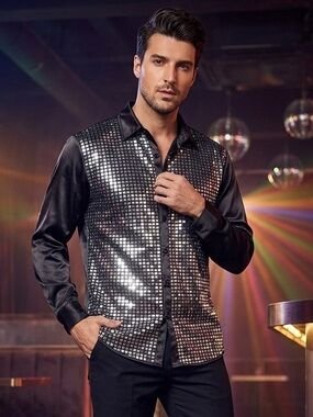 Take 50% OFF-Jogal Men’s Black Long Sleeve Sequin Grid Shirt, Size-XL